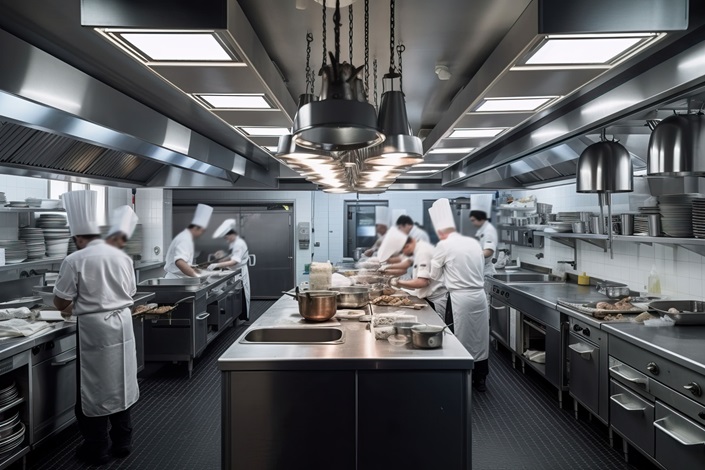 A team of chefs busy at work in a modern commercial kitchen equipped with a Wok Cooking Range.